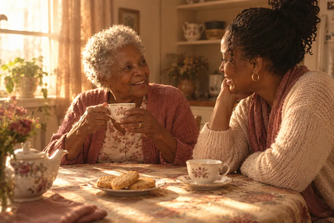 Two women sharing tea and conversation at a sunlit kitchen table