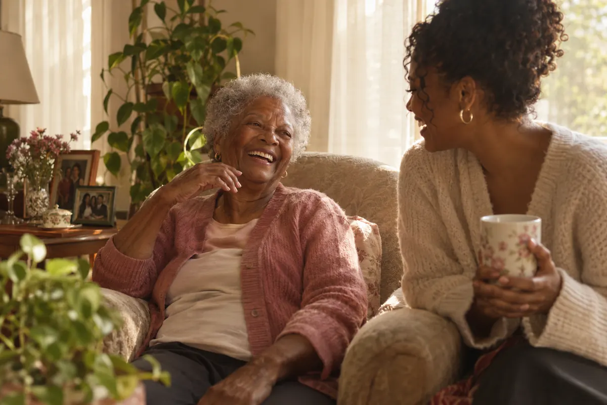 A caregiver and an older woman laughing together in a sunlit living room