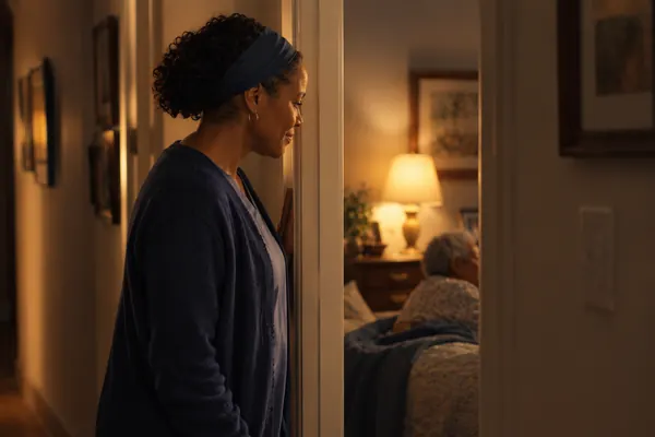 A caregiver checking on a sleeping client at night