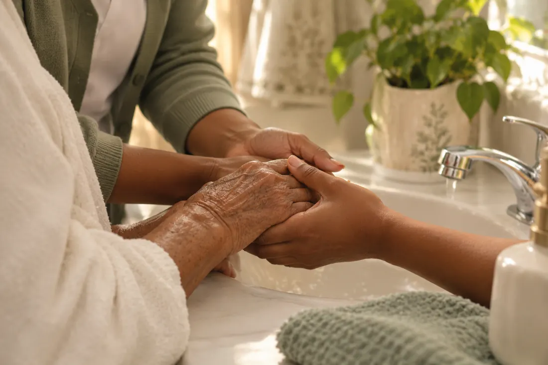 A caregiver gently steadying an older person's hands at a bathroom sink
